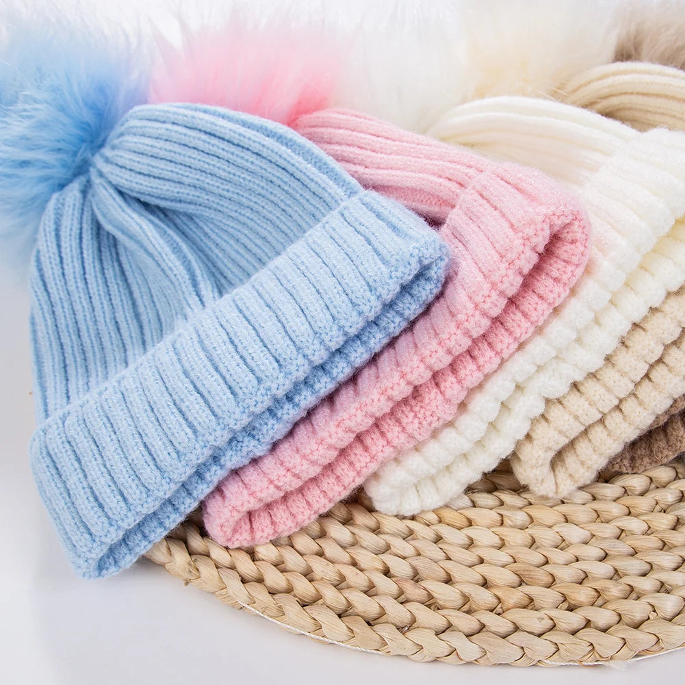 Baby Knitted Hat with Fleece Lining and Pom Pom
