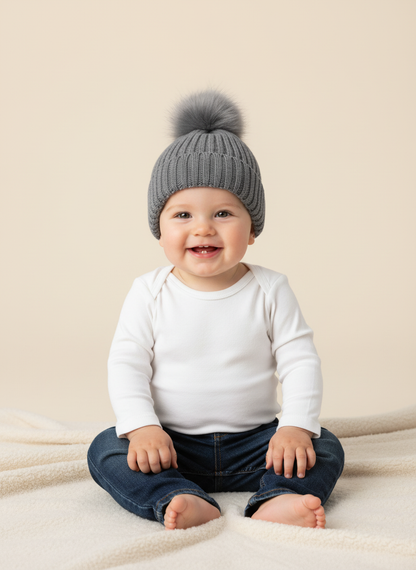 Baby Knitted Hat with Fleece Lining and Pom Pom