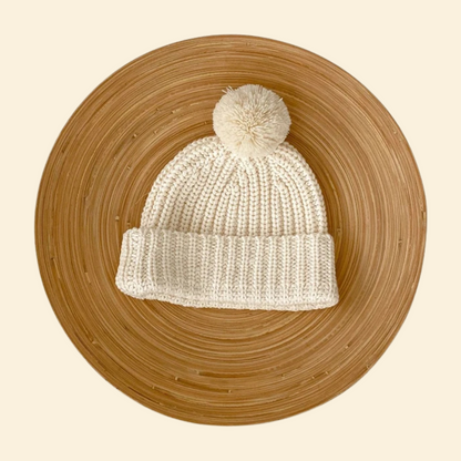Baby Knitted Hat with Fleece Lining and Pom Pom