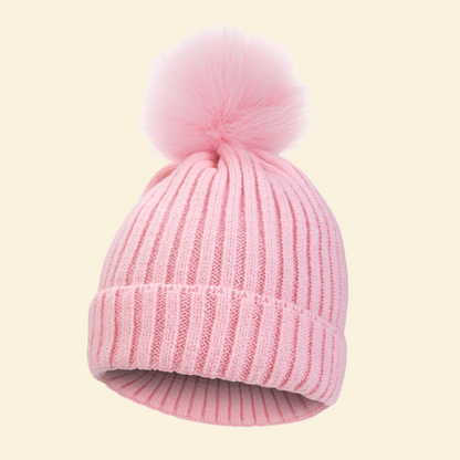 Baby Knitted Hat with Fleece Lining and Pom Pom