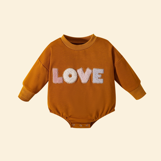 Love Embroidered Long Sleeve Round Neck Romper