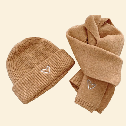 Baby Knitted Hat With Embroidery Heart & Scarf