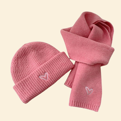 Baby Knitted Hat With Embroidery Heart & Scarf