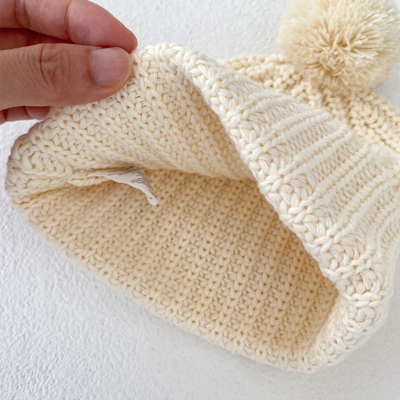 Baby Knitted Hat with Fleece Lining and Pom Pom