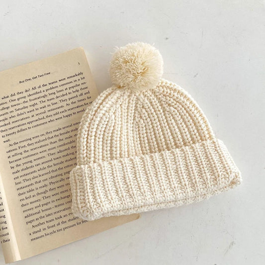 Baby Knitted Hat with Fleece Lining and Pom Pom