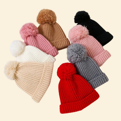 Baby Knitted Hat with Fleece Lining and Pom Pom