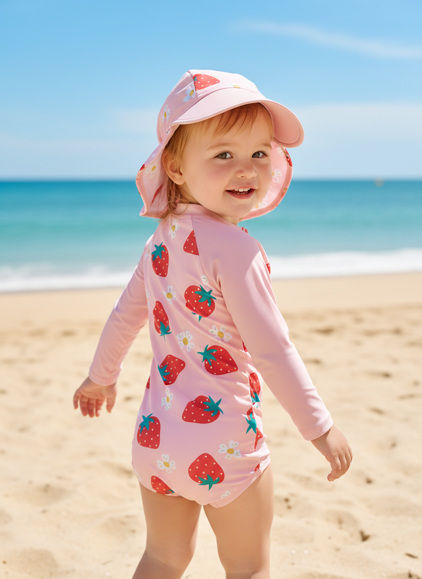 Long Sleeve Swimsuit & Sunhat Strawberry