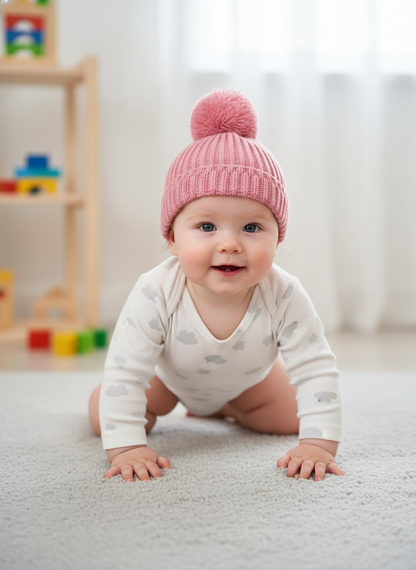 Baby Knitted Hat with Fleece Lining and Pom Pom